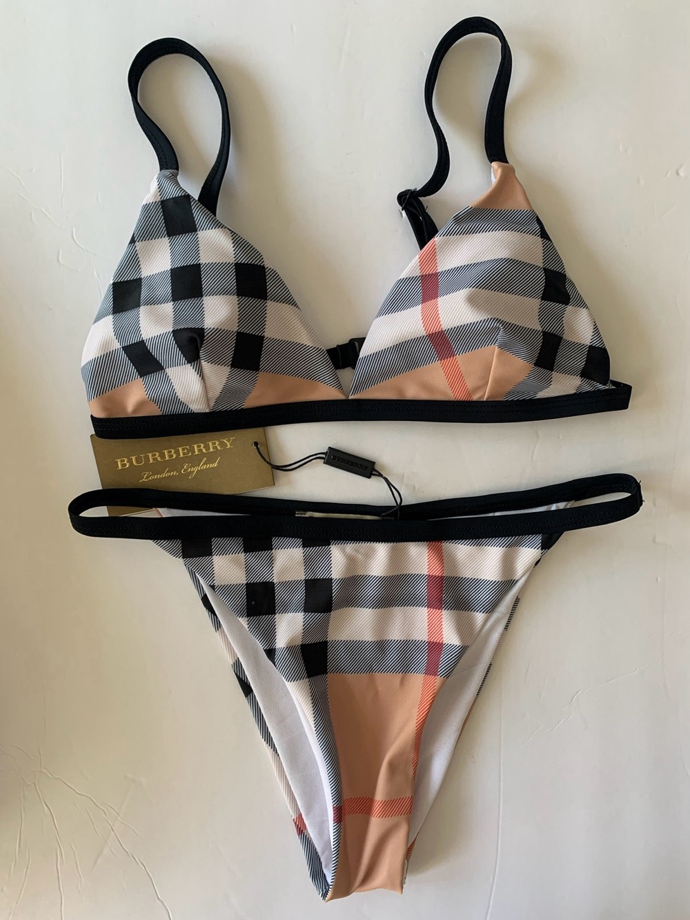 NWT Authentic Burberry Beige Check Triangle Bikini Set Size Small